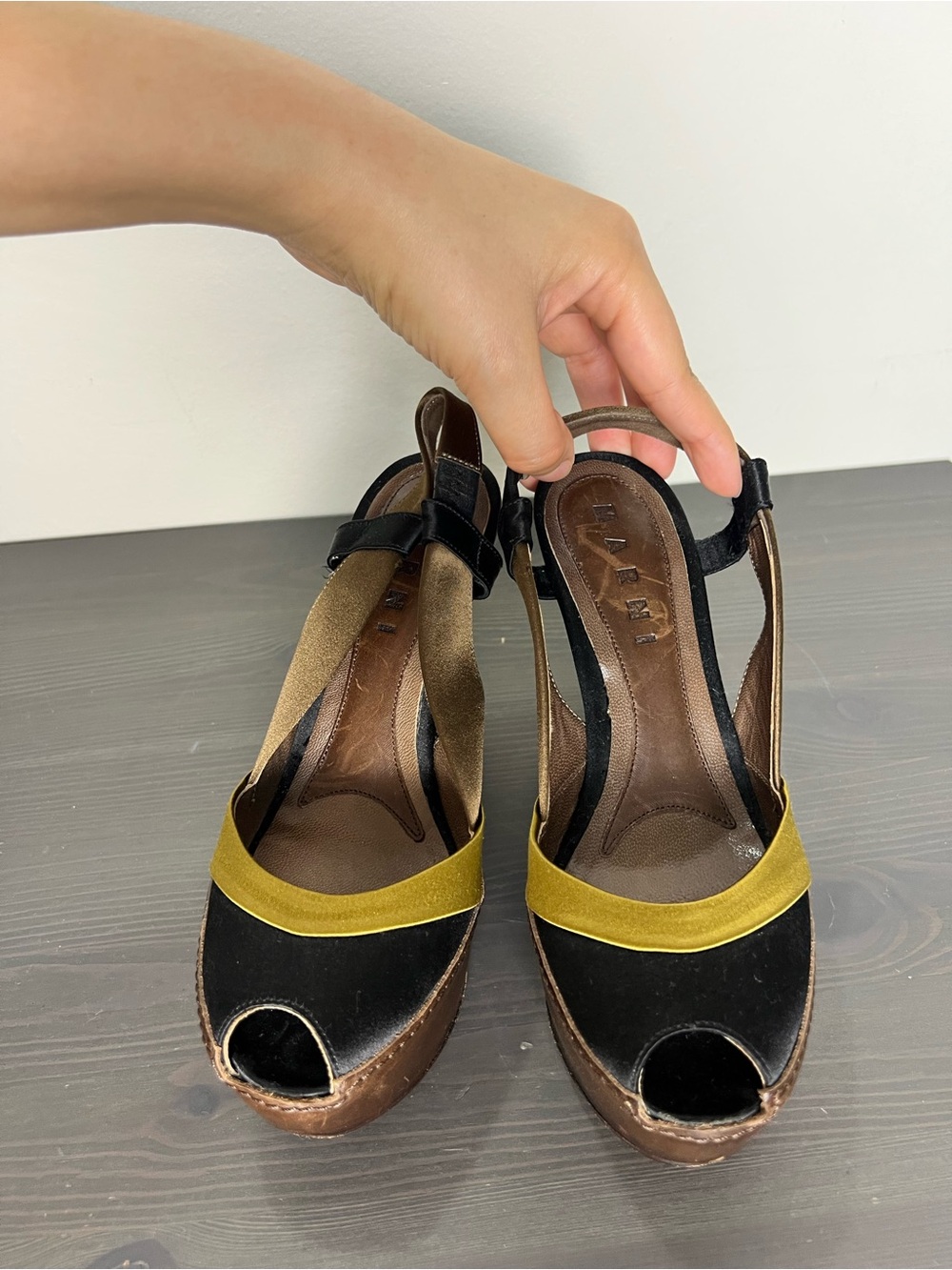 Marni Colorblock Platform Wedge Sandals Size 36 Black Yellow Peep Toe Heel - Picture 4 of 11